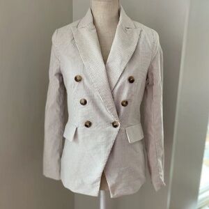 Joie White & Tan Pinstripe Seersucker Double Breasted Blazer, Jacket. Size XS